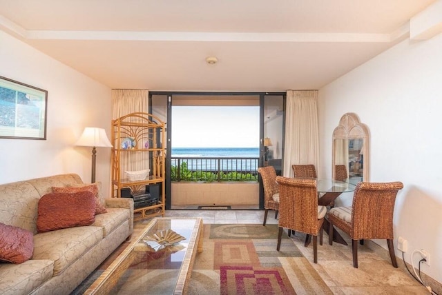 sitting room with a water view and plenty of natural light