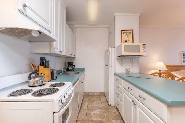 kitchen with white cabinets, white appliances, sink, and ornamental molding