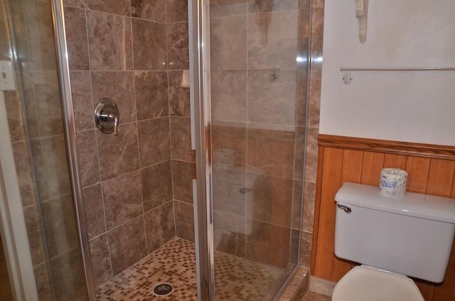 bathroom featuring wood walls, toilet, and a shower with shower door