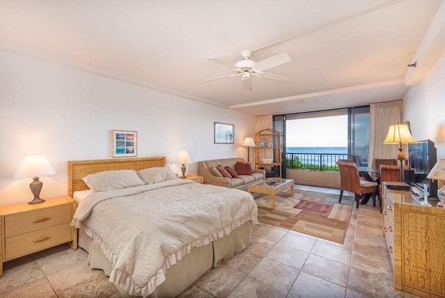 bedroom featuring ceiling fan and access to exterior