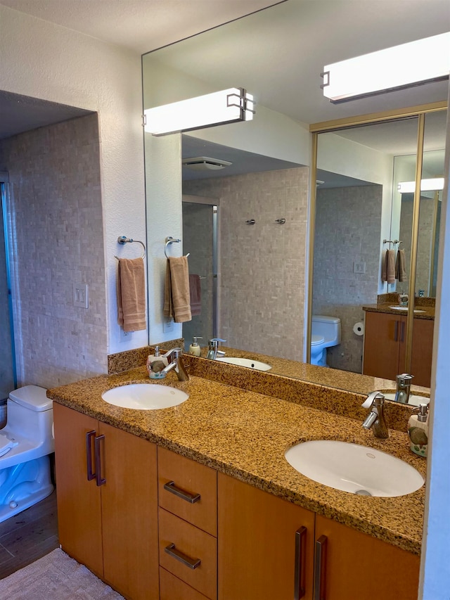 bathroom with toilet and double sink vanity