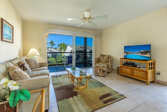 tiled living room with ceiling fan