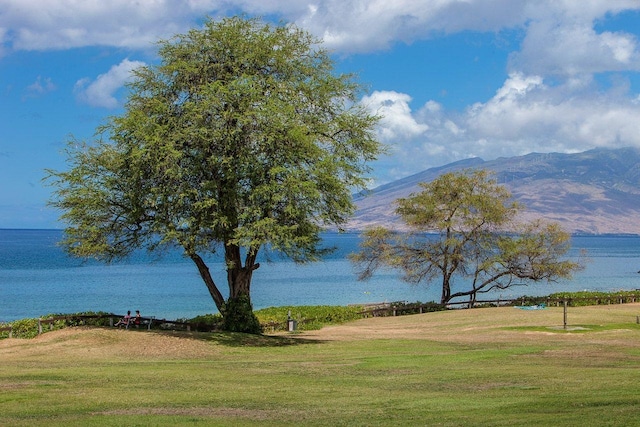 view of property's community featuring a water and mountain view and a lawn