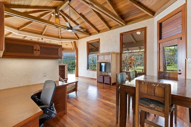 office space featuring hardwood / wood-style floors, beam ceiling, wooden ceiling, and high vaulted ceiling