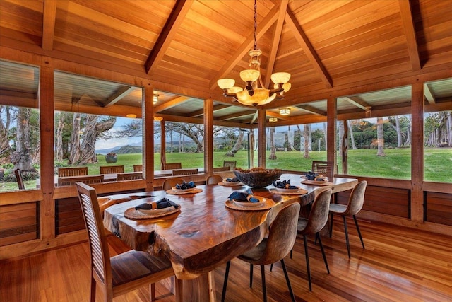 dining space with wood walls, vaulted ceiling with beams, wooden ceiling, a notable chandelier, and hardwood / wood-style flooring