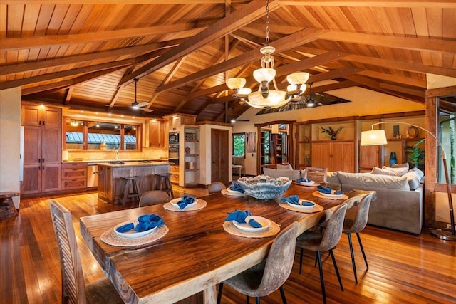 dining space with hardwood / wood-style flooring, wood ceiling, a chandelier, and lofted ceiling with beams