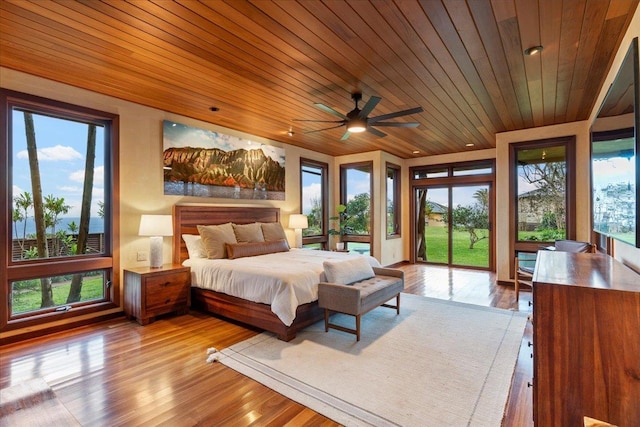 bedroom with wood ceiling, access to outside, ceiling fan, and light wood-type flooring