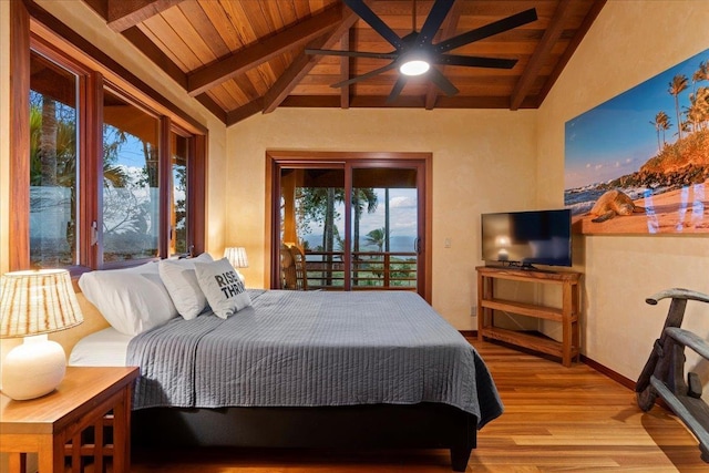 bedroom featuring lofted ceiling with beams, wooden ceiling, light wood-type flooring, access to outside, and ceiling fan