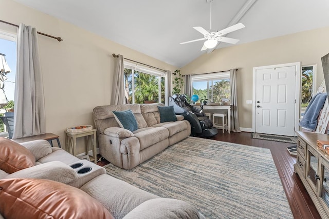 living room with vaulted ceiling, dark wood-type flooring, and ceiling fan