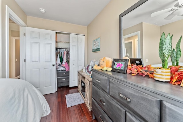 bedroom featuring dark wood-type flooring, ceiling fan, and a closet