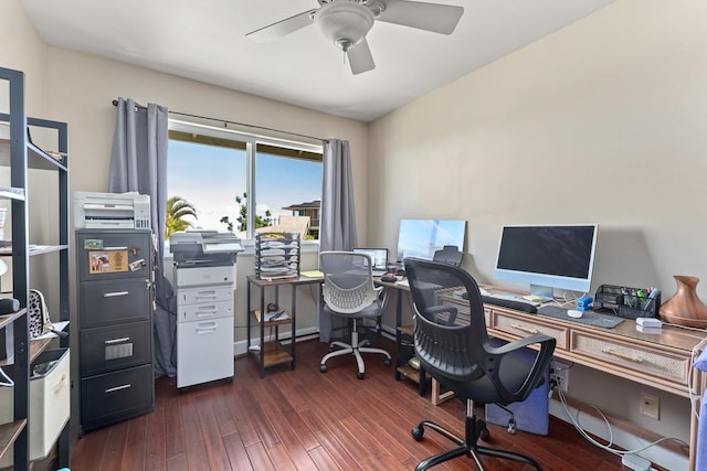 office with dark hardwood / wood-style flooring and ceiling fan