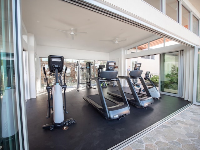 workout area with ceiling fan