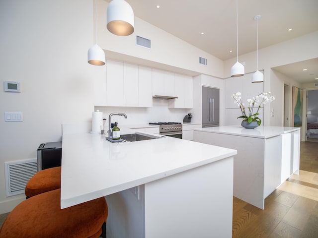 kitchen featuring backsplash, sink, high quality appliances, white cabinetry, and hanging light fixtures