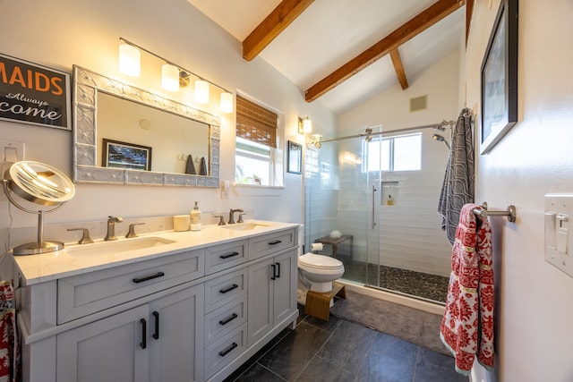 bathroom with vaulted ceiling with beams, an enclosed shower, vanity, and toilet