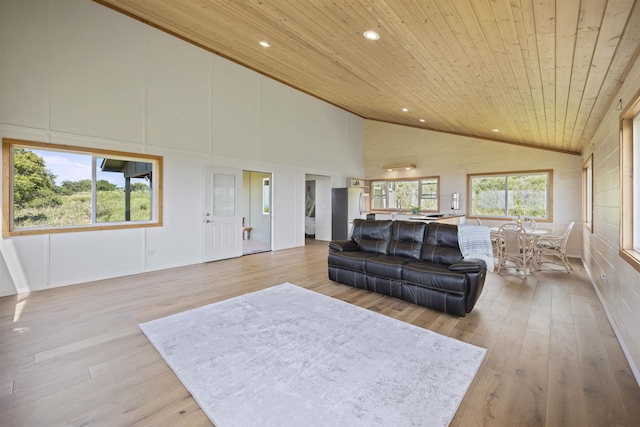 34701 Piilani Hwy, Hana, HI 96713 - living area with wood ceiling, light wood-style flooring, high vaulted ceiling, and recessed lighting