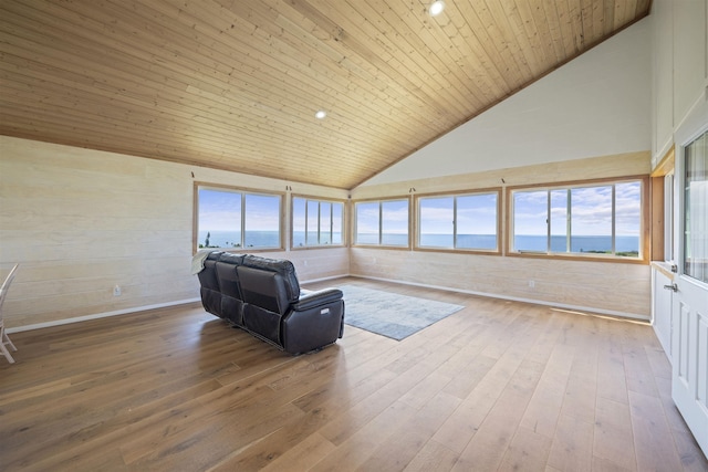 34701 Piilani Hwy, Hana, HI 96713 - unfurnished room featuring wood ceiling, a water view, hardwood / wood-style flooring, high vaulted ceiling, and wood walls