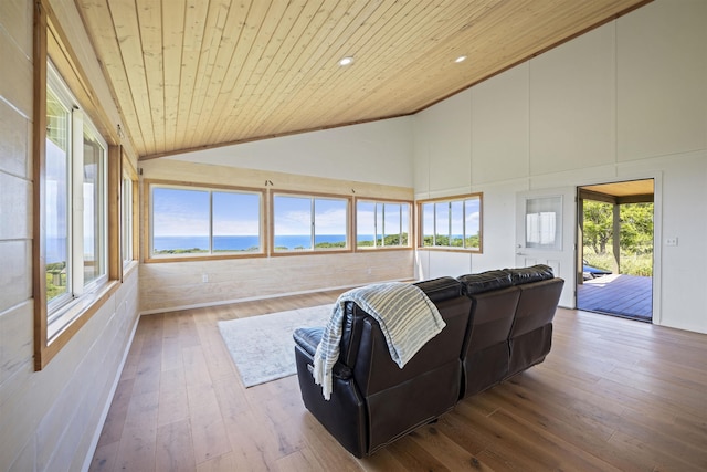 34701 Piilani Hwy, Hana, HI 96713 - living area featuring wooden ceiling, plenty of natural light, hardwood / wood-style flooring, high vaulted ceiling, and a water view