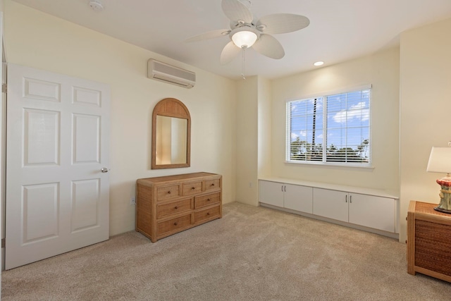 bedroom featuring light carpet, an AC wall unit, and ceiling fan