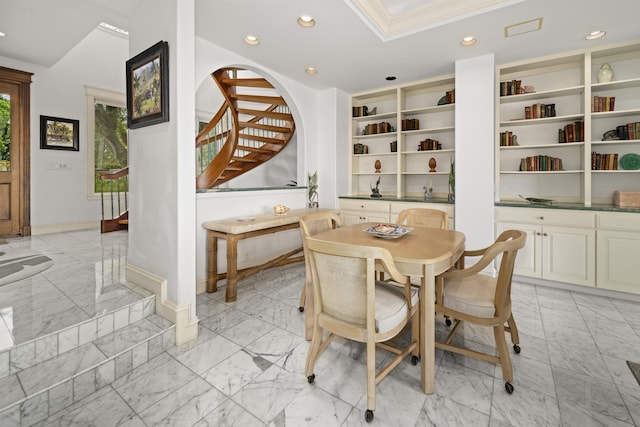 212 Crestview Rd, Lahaina, HI 96761 - dining space featuring light marble finish floors, recessed lighting, stairway, and crown molding