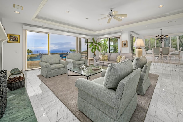 212 Crestview Rd, Lahaina, HI 96761 - living room with a raised ceiling, marble finish flooring, a chandelier, a ceiling fan, and recessed lighting