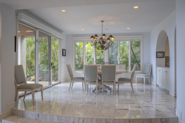 212 Crestview Rd, Lahaina, HI 96761 - dining area featuring light marble finish floors, a chandelier, and recessed lighting