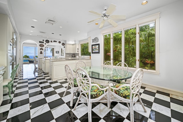 212 Crestview Rd, Lahaina, HI 96761 - dining space with recessed lighting, ceiling fan, and arched walkways
