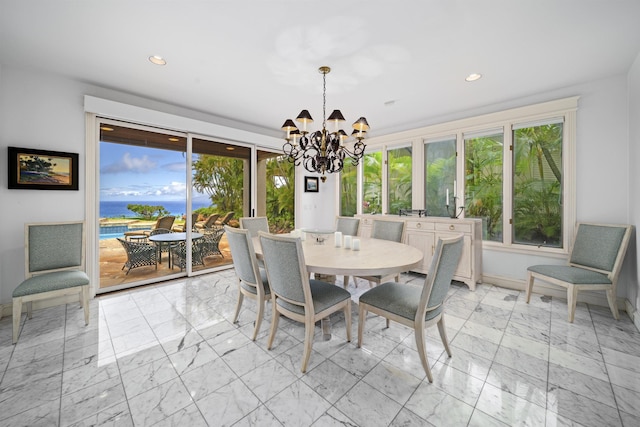 212 Crestview Rd, Lahaina, HI 96761 - dining room featuring a chandelier, light marble finish flooring, plenty of natural light, and recessed lighting