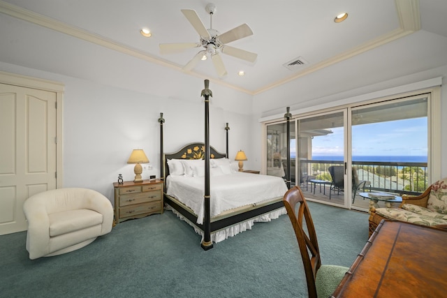 212 Crestview Rd, Lahaina, HI 96761 - bedroom with carpet floors, access to exterior, ornamental molding, recessed lighting, and ceiling fan