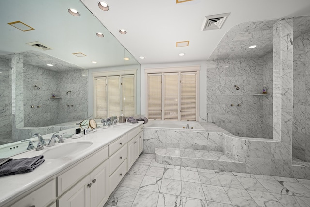 212 Crestview Rd, Lahaina, HI 96761 - full bathroom featuring marble finish flooring, a garden tub, double vanity, recessed lighting, and a marble finish shower