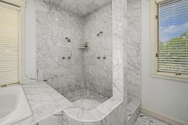 212 Crestview Rd, Lahaina, HI 96761 - bathroom featuring marble look tiles, a marble finish shower, and a tub with marble appearance
