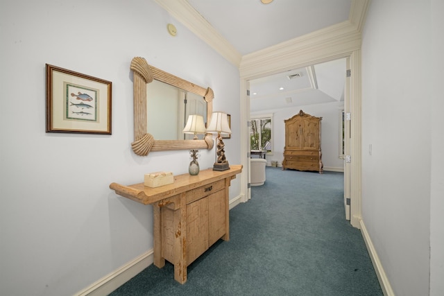212 Crestview Rd, Lahaina, HI 96761 - hallway featuring dark carpet and crown molding