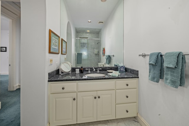 212 Crestview Rd, Lahaina, HI 96761 - full bath featuring a shower stall, vanity, marble finish floors, and recessed lighting