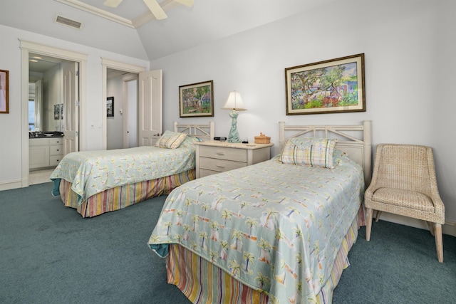 212 Crestview Rd, Lahaina, HI 96761 - bedroom featuring carpet, vaulted ceiling, ensuite bathroom, ceiling fan, and crown molding