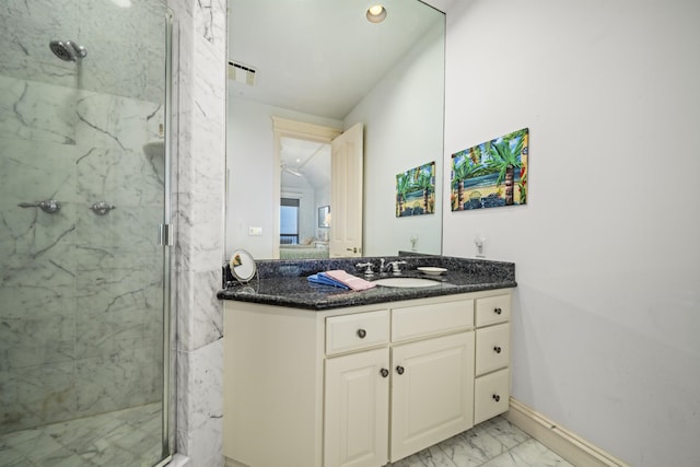 212 Crestview Rd, Lahaina, HI 96761 - bathroom featuring a marble finish shower, marble look tiles, vanity, and recessed lighting