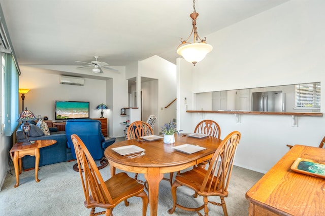 1125 Hoomau Pl, Wailuku, HI 96793 - carpeted dining room with a wall mounted air conditioner, a ceiling fan, lofted ceiling, and stairs