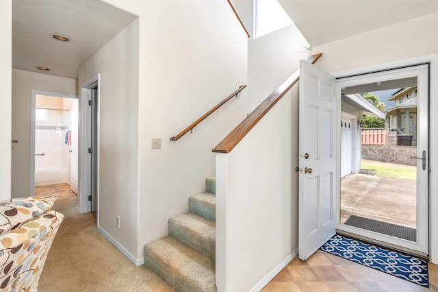 1125 Hoomau Pl, Wailuku, HI 96793 - foyer featuring stairs, baseboards, light colored carpet, and recessed lighting
