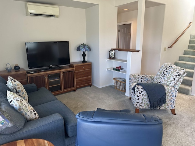 living area featuring carpet flooring, baseboards, stairs, and a wall mounted air conditioner