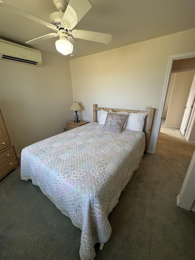 carpeted bedroom featuring a wall mounted air conditioner and ceiling fan