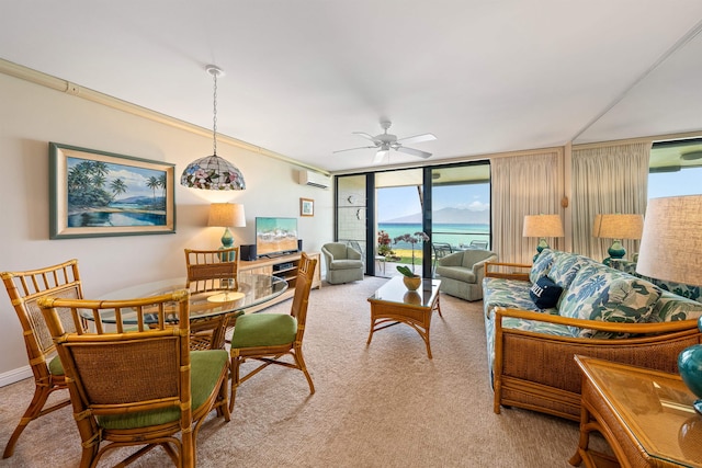 carpeted living room with an AC wall unit, ceiling fan, and a wall of windows