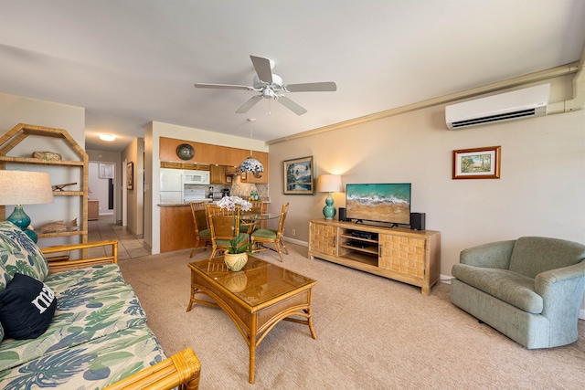 living room featuring light tile patterned flooring, a wall unit AC, and ceiling fan