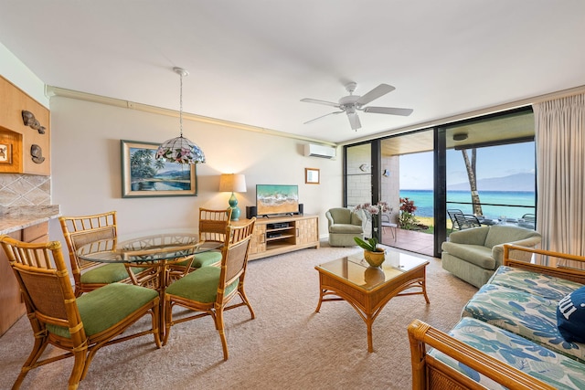 carpeted living room featuring ceiling fan and a wall mounted air conditioner