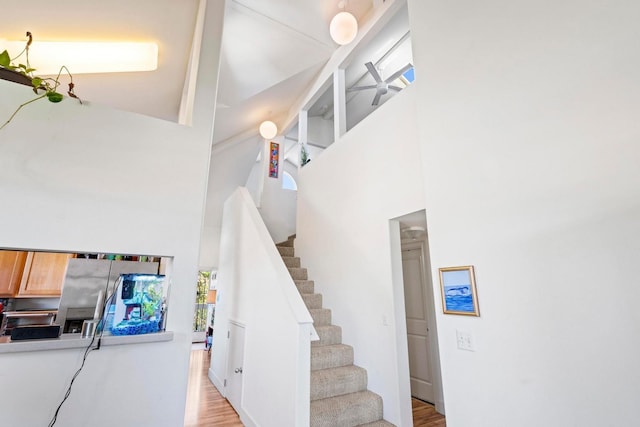 staircase with a towering ceiling and wood-type flooring