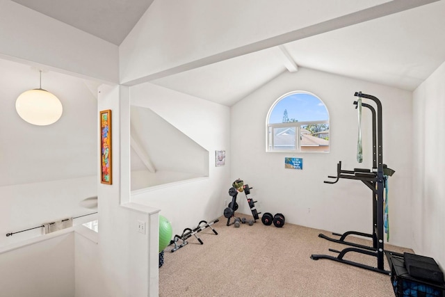 exercise area with carpet flooring and lofted ceiling