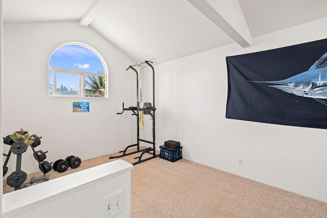 workout area with carpet flooring and vaulted ceiling