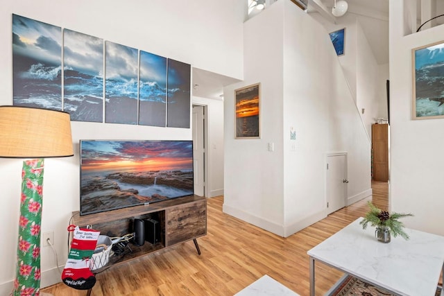 living room with hardwood / wood-style floors and a towering ceiling