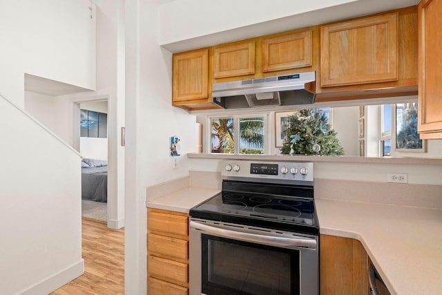 kitchen featuring light hardwood / wood-style flooring and stainless steel range with electric cooktop