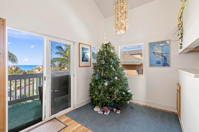 doorway featuring wood-type flooring, lofted ceiling, a water view, and a notable chandelier