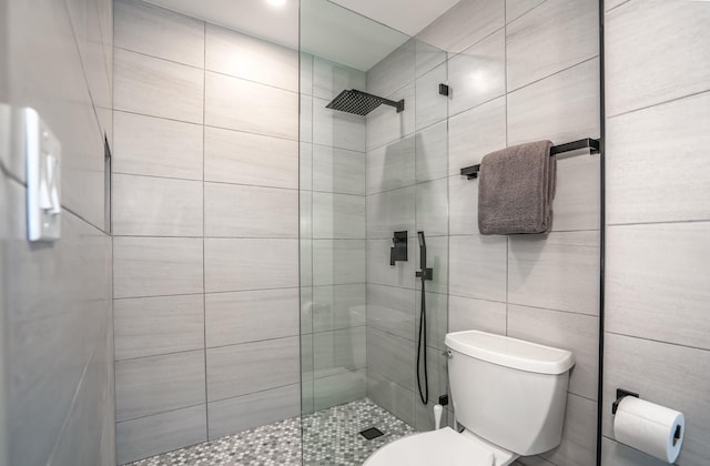 bathroom featuring toilet and a shower with door