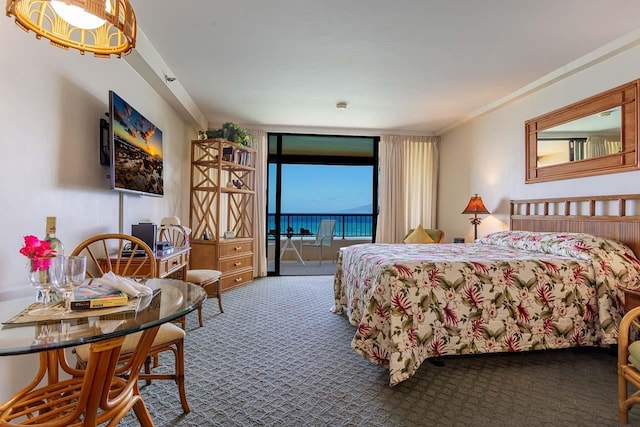 carpeted bedroom featuring access to exterior, crown molding, and expansive windows