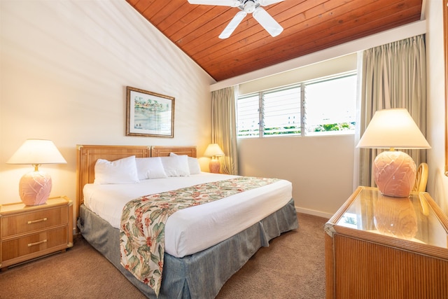 bedroom with ceiling fan, wooden ceiling, light carpet, and lofted ceiling